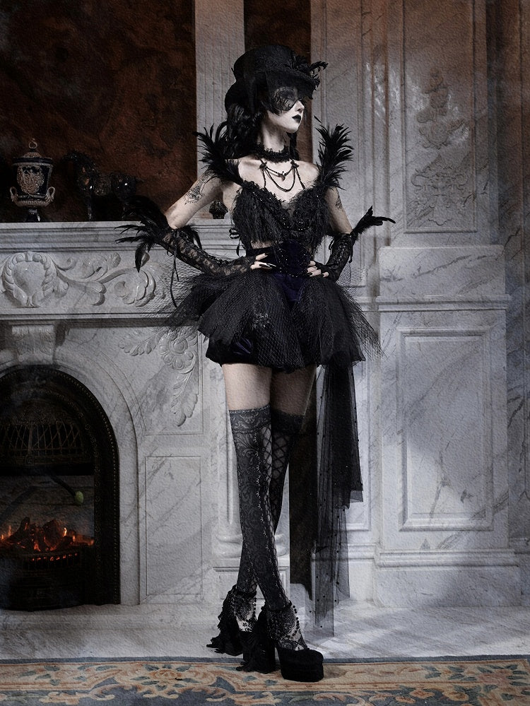 Feather-Adorned Black Dress Beaded Straps Ballet Purple and Goth Detachable Tulle Train with