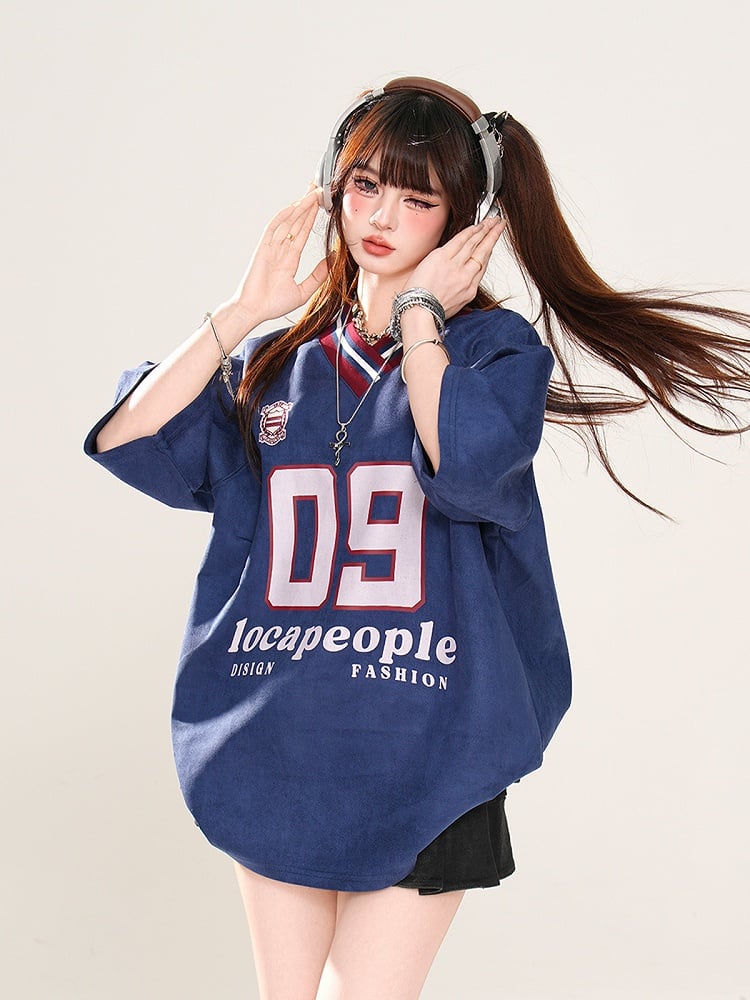 ゆったりTシャツ プリント スポーツ カーキ/ネイビーブルー プレッピースタイル Vネック ナンバー