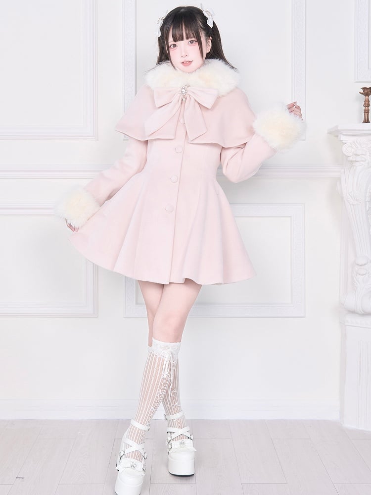 Cape Pink Jirai Kei with Plush Detachable Collar Coat Cuffs | Waist-Cinching