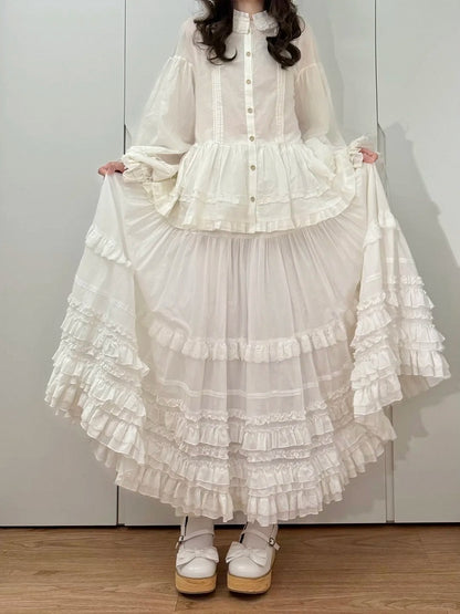 Elegant Cotton Multi-Layer Lolita Skirt White Ruffled Loose Hem