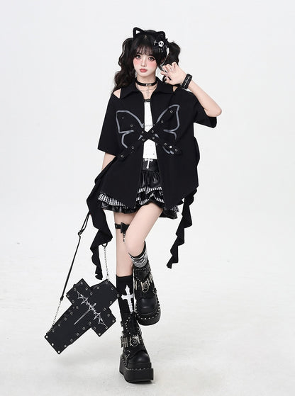 Cascading Ruffles Black Cutout Shoulder Butterfly with Criss-cross Design  Zip-up Shirt
