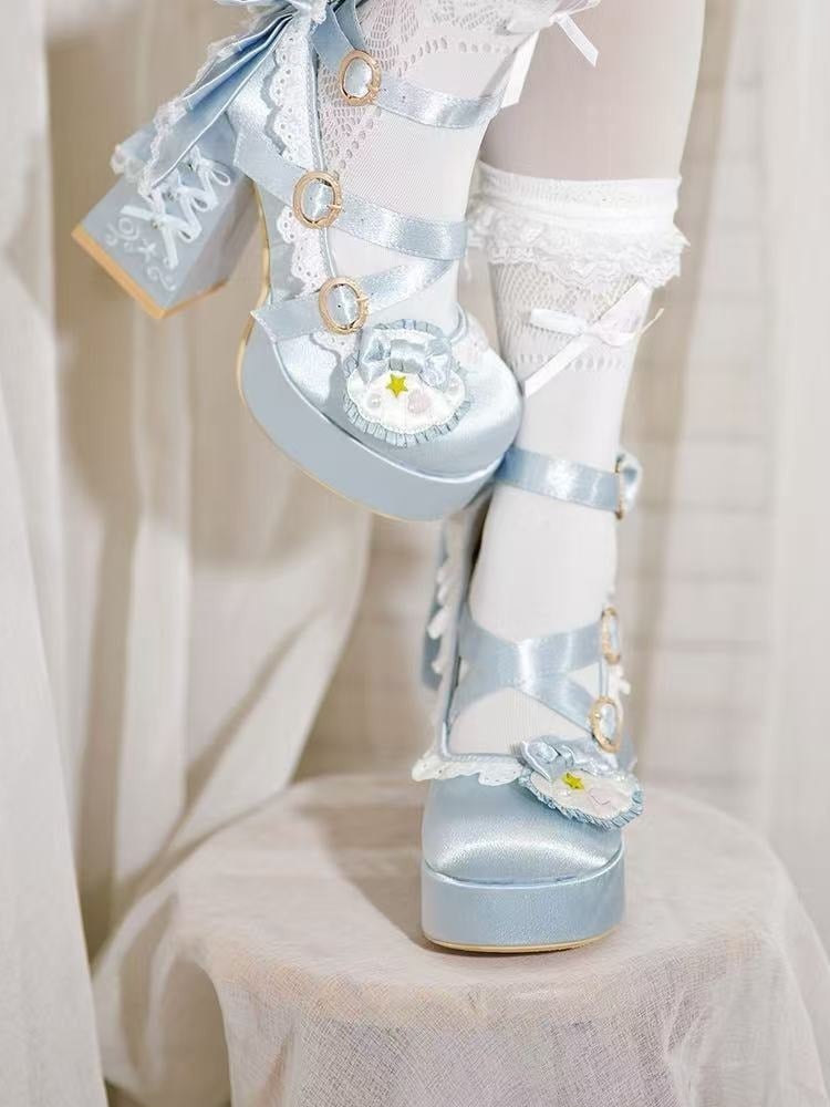 Light Blue Round-Toe Lolita Shoes, 11.5CM Bowknot Block Heel, Pearl & Shell - Bad Bear