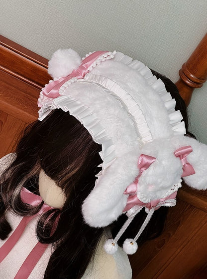 Bows and with Plush Bunny-themed Sweet Pink/Brown Lolita Hairband Accents Pom-pom