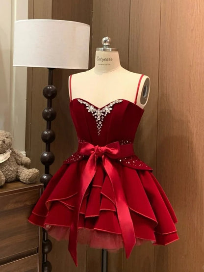 Rhinestone Waist Vintage Velvet Cincher Red