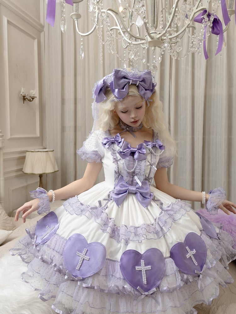 White and Purple Sweetheart Applique Old School Lolita Dress Valentine's Day Fluffy Dress
