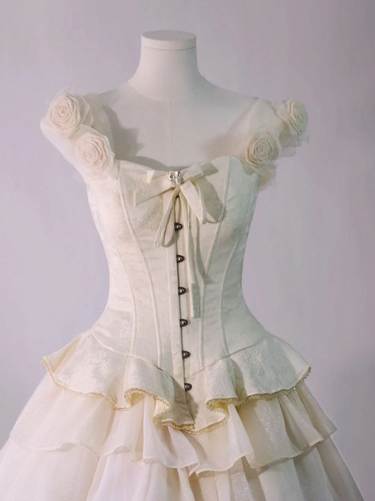 Lolita Accents Corset Rose Beige Jacquard Shoulder Top with