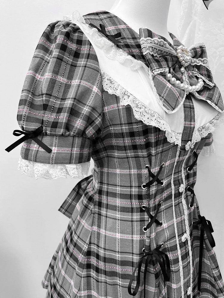 グレーケイチェックウエストラインストーンジライミニドレス+ショーツ装飾セットレースアップディテール