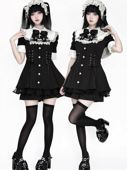 Set - Coord Jirai Striped Kei Waist Black Lace-Up