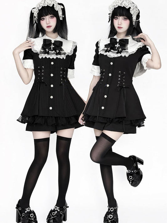 Set - Coord Jirai Striped Kei Waist Black Lace-Up