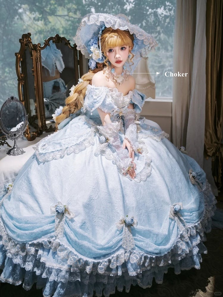 Light Blue Off-Shoulder Hime Lolita Gown - Layered Lace Princess Dress