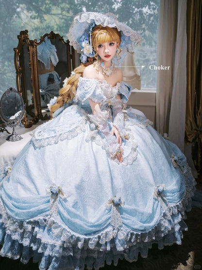 Light Blue Off-Shoulder Hime Lolita Gown - Layered Lace Princess Dress