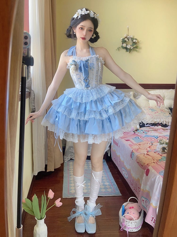 Balletcore Korsett mit Rüschen in Blau + Top mit gestuftem Neckholder-Rock