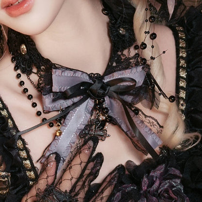 Black & Purple Bowknot Necklace with Bead Chain and Cross Pendant - Cat Fairy Lolita
