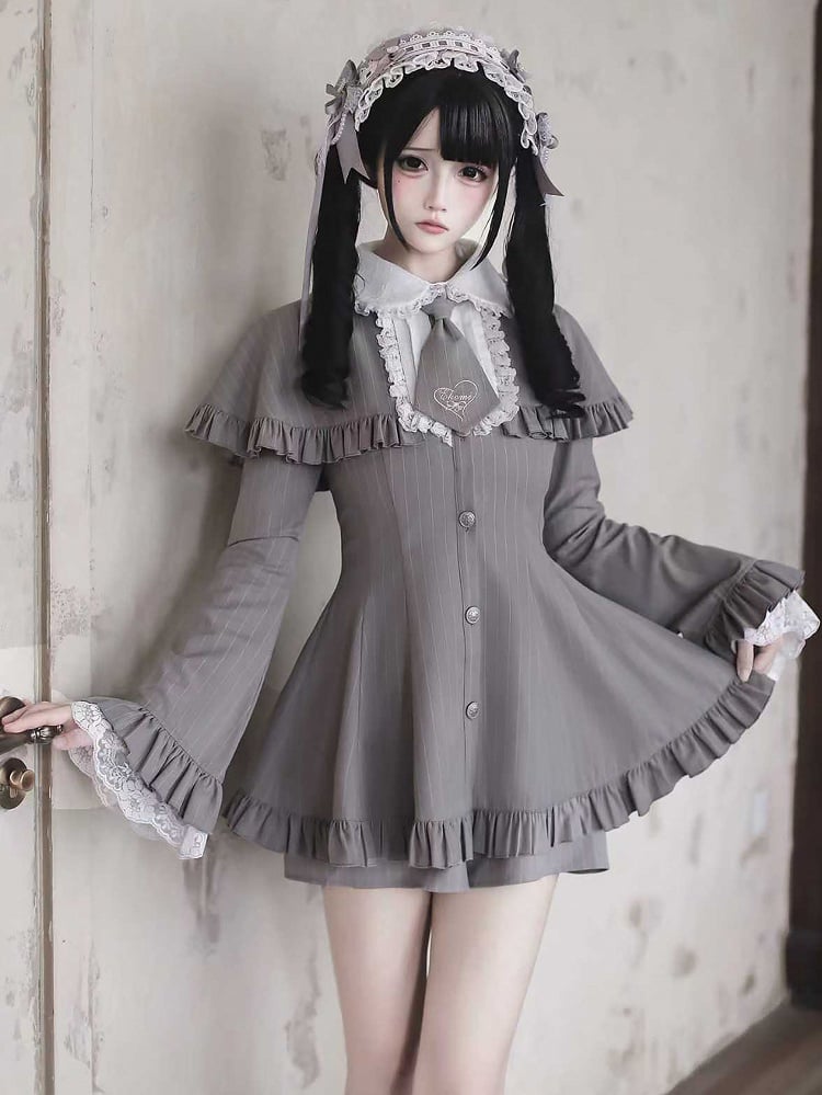 with Shorts Kei Tie Set: Jirai Bell-Sleeve Cape Detachable Mini Dress Gray Striped Matching