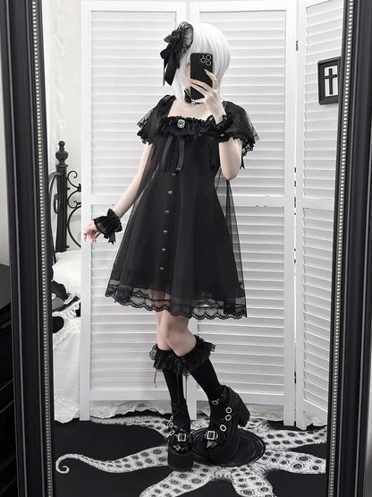 Square-Neck Gothic Dress with Sheer Overlay & Bow Detail - Ekomi