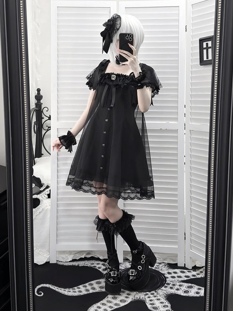 Gothic Square Neck Dress with Bow Accents - Ekomi