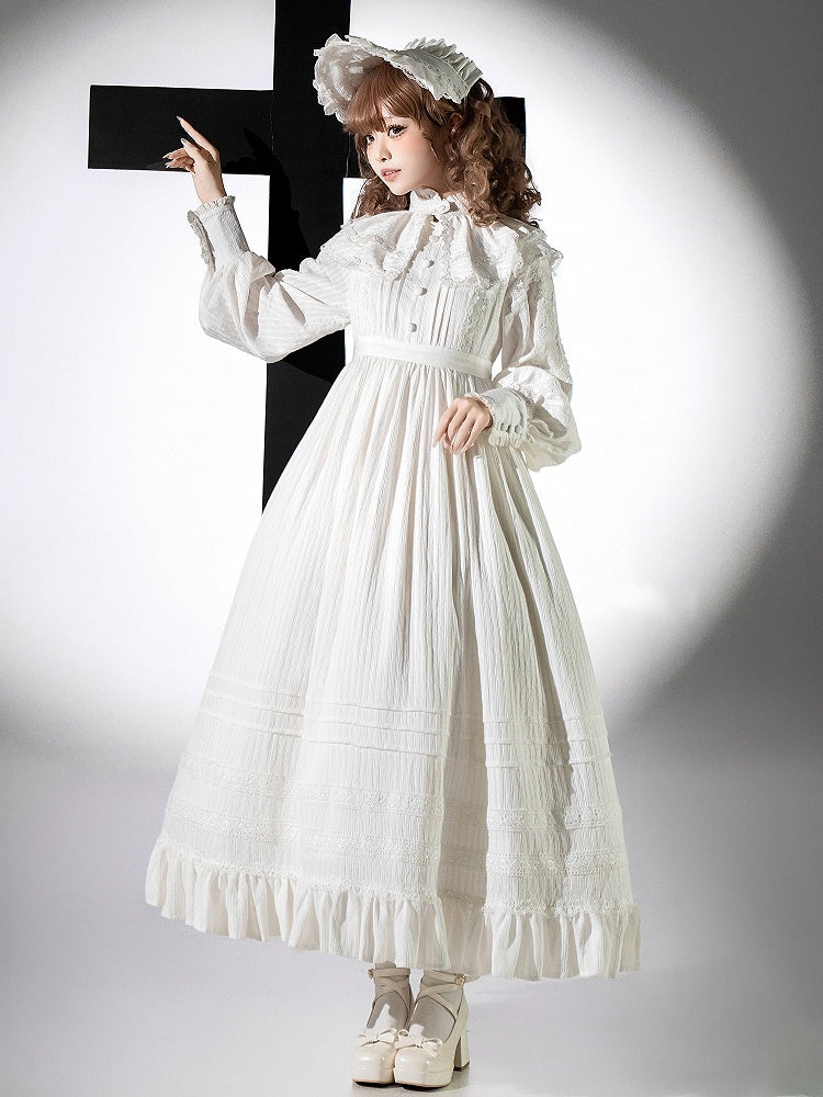 + ハイロングドレスゴシックシロウエストロリータカラースリーブホワイト