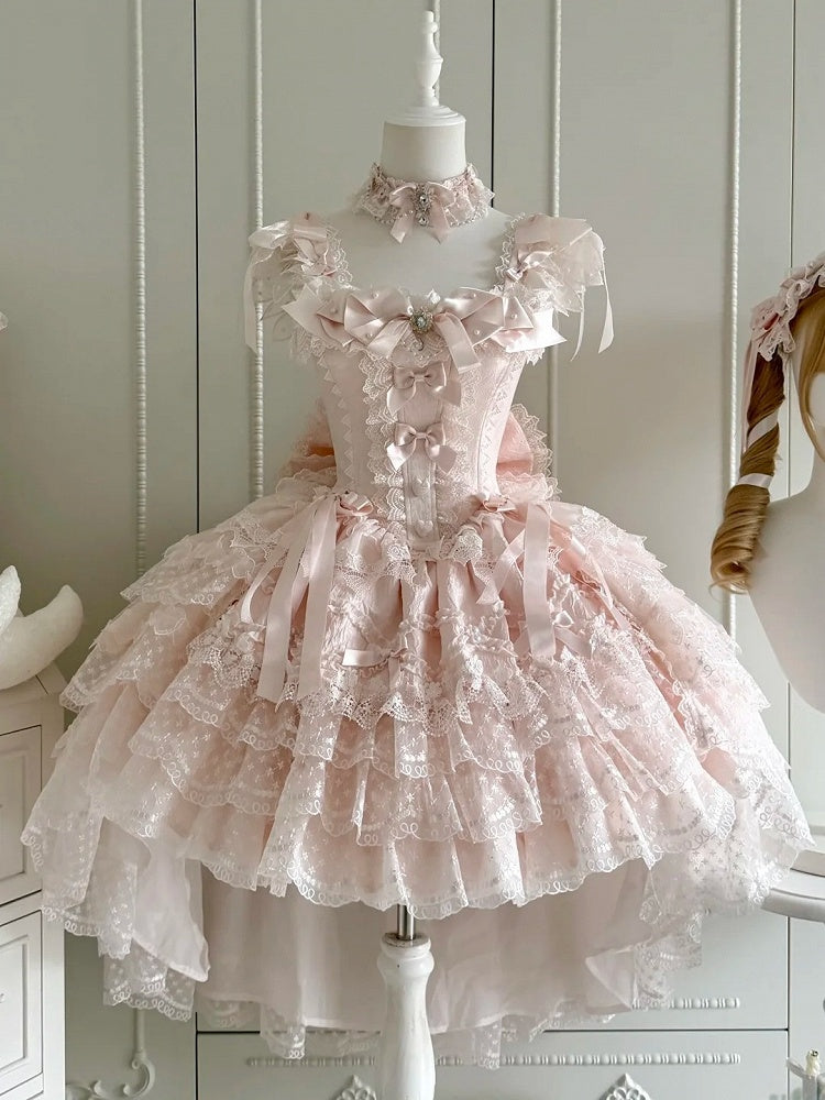 Pink Multi-Layered Lace-Trimmed Lolita JSK Dress with Bow Accents - Dream Gift Box