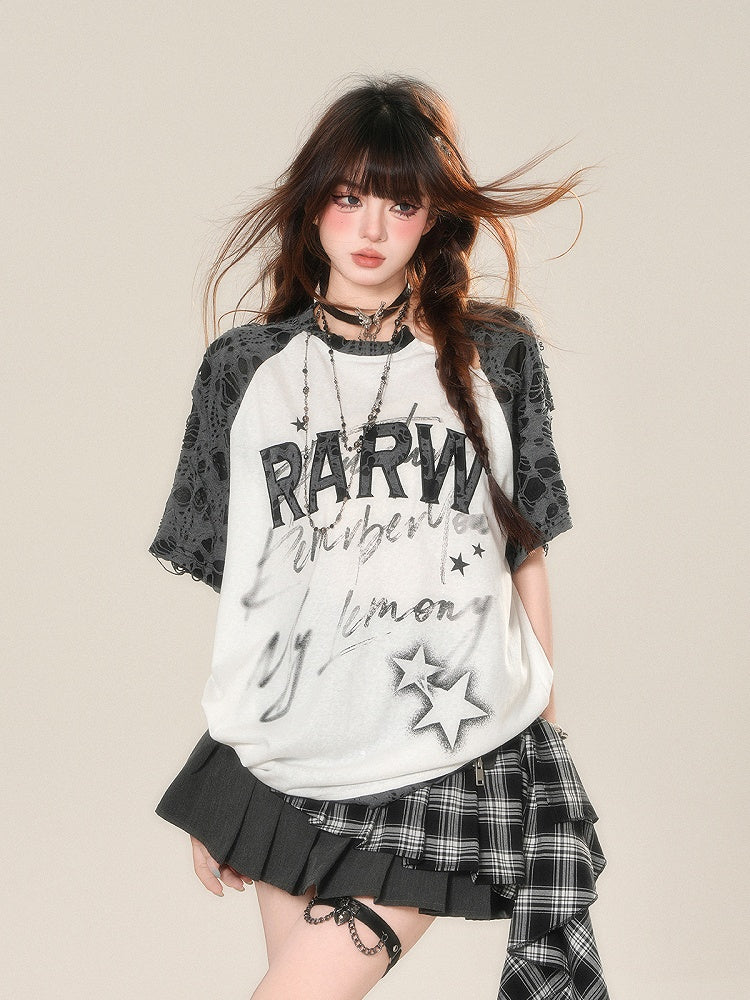 Design Distressed Holes and Black White Colorblock Embroidered T-Shirt