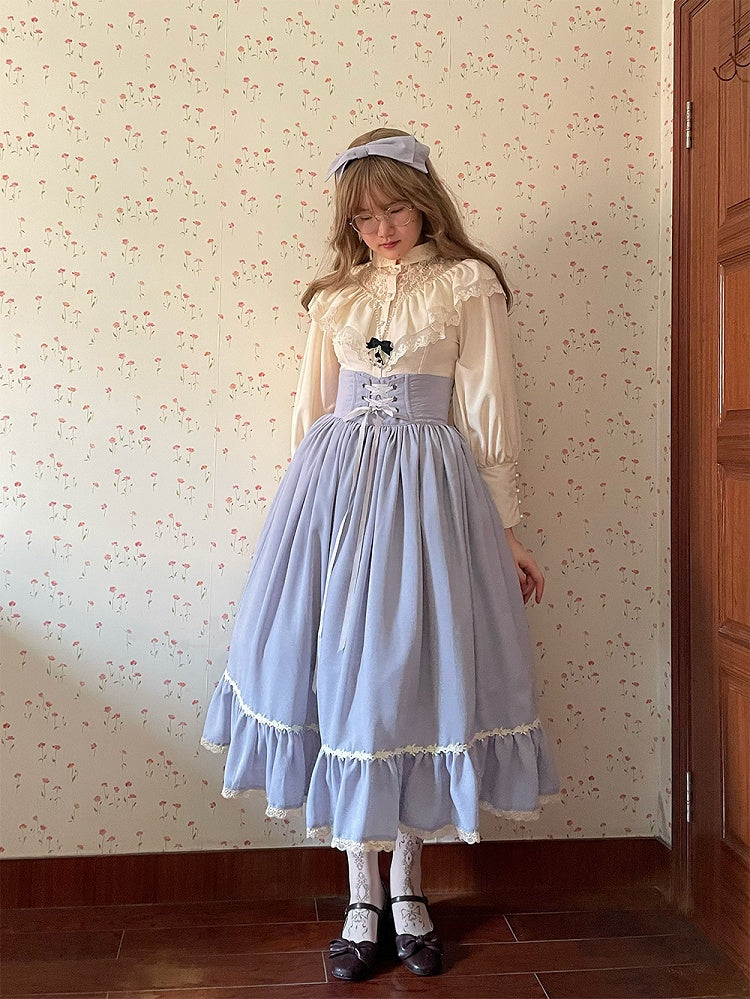 Light Gray Boned High Waist Elegant Classic Lolita Skirt with Lace Trim