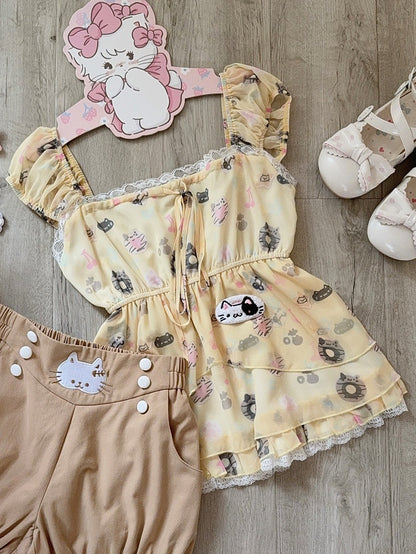 Sleeve Lace Short Cat Yellow with Accents Print Top Kawaii
