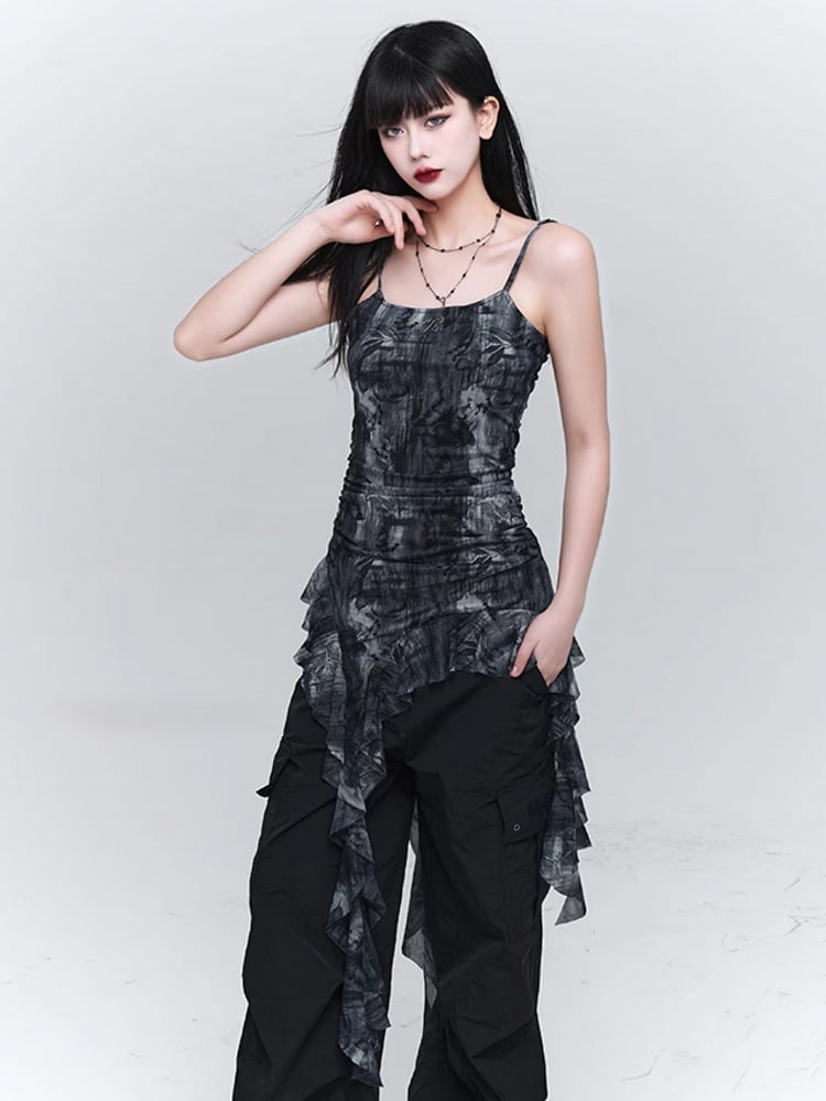 Glamorous Waist Asymmetrical Cami Ruched Gray Flounce Hem Top with Black