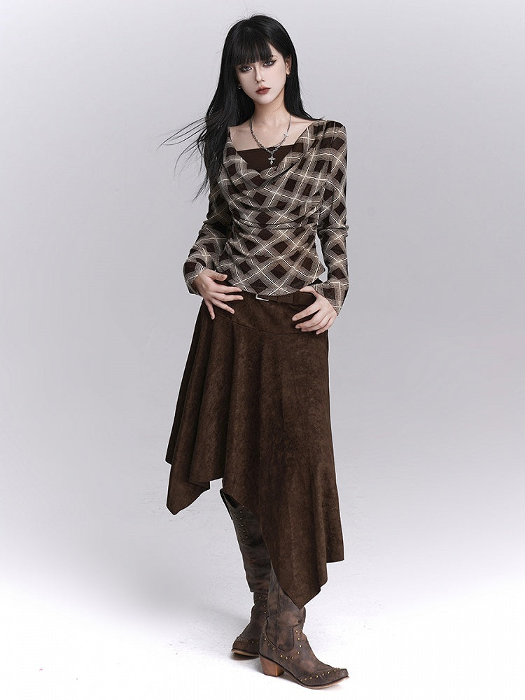 Coffee Belt Hem with Fashion A-Line Midi Skirt Suede Asymmetrical Maillard Handkerchief Matching