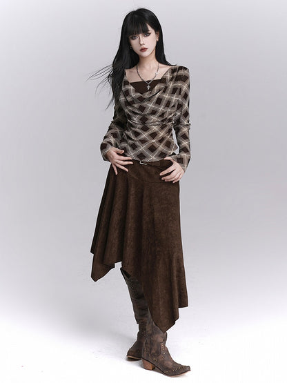 Coffee Belt Hem with Fashion A-Line Midi Skirt Suede Asymmetrical Maillard Handkerchief Matching