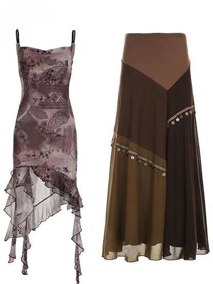 Design Print Millard Fashion Asymmetrischer Saum Lila + Kleid Cami