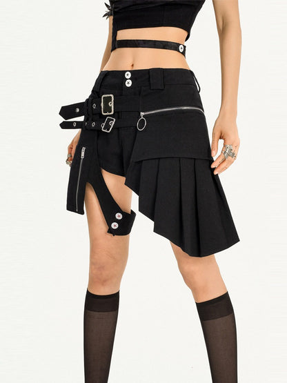 Black Punk Metal Buckle Shorts with Asymmetrical Skirt Hem