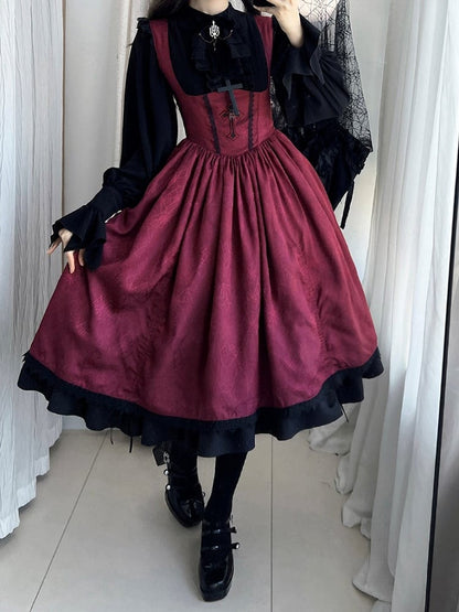 Waist Lolita Gothic Straps Drawstring Cross JSK Basque Dress and Red Shoulder Embroidery with Lace-Trimmed