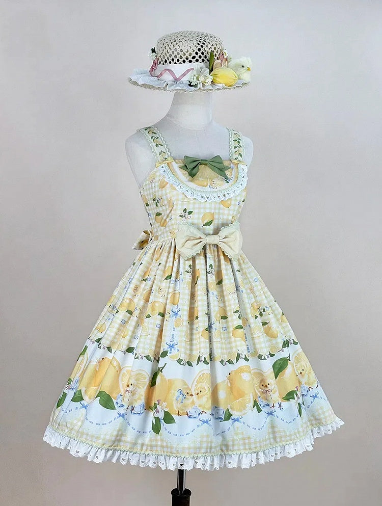 Chick Yellow Print Lemon Dress and Sweet Lolita High Waist Gingham