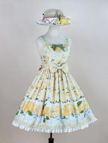 Chick Yellow Print Lemon Dress and Sweet Lolita High Waist Gingham