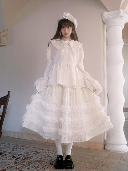 Tea Length Tiered Skirt with Plush Accents and Lace Trim Black/White