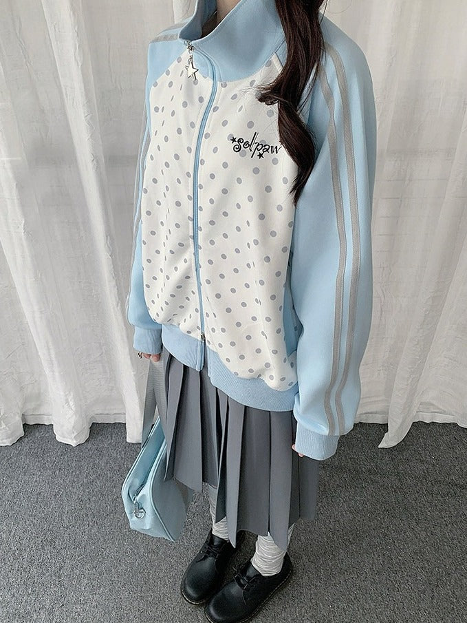 White Y2K Polka-Dot Zip-Up Jacket Featuring Stand Collar Style - Solkatt