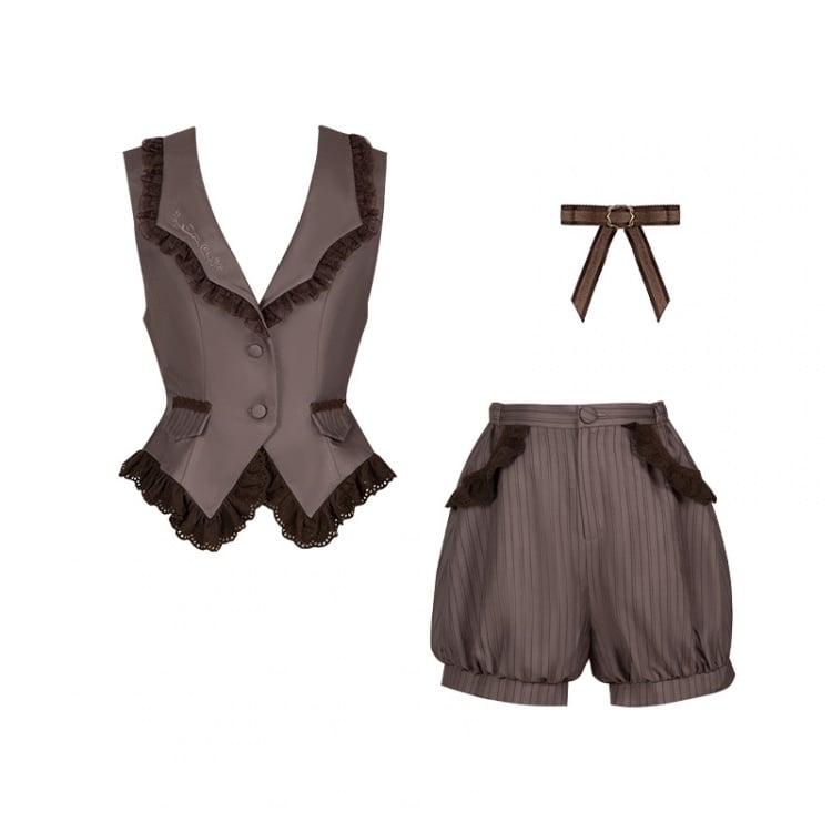 Brown Ouji Lolita Detective Set with Waistcoat and Bloomer Shorts