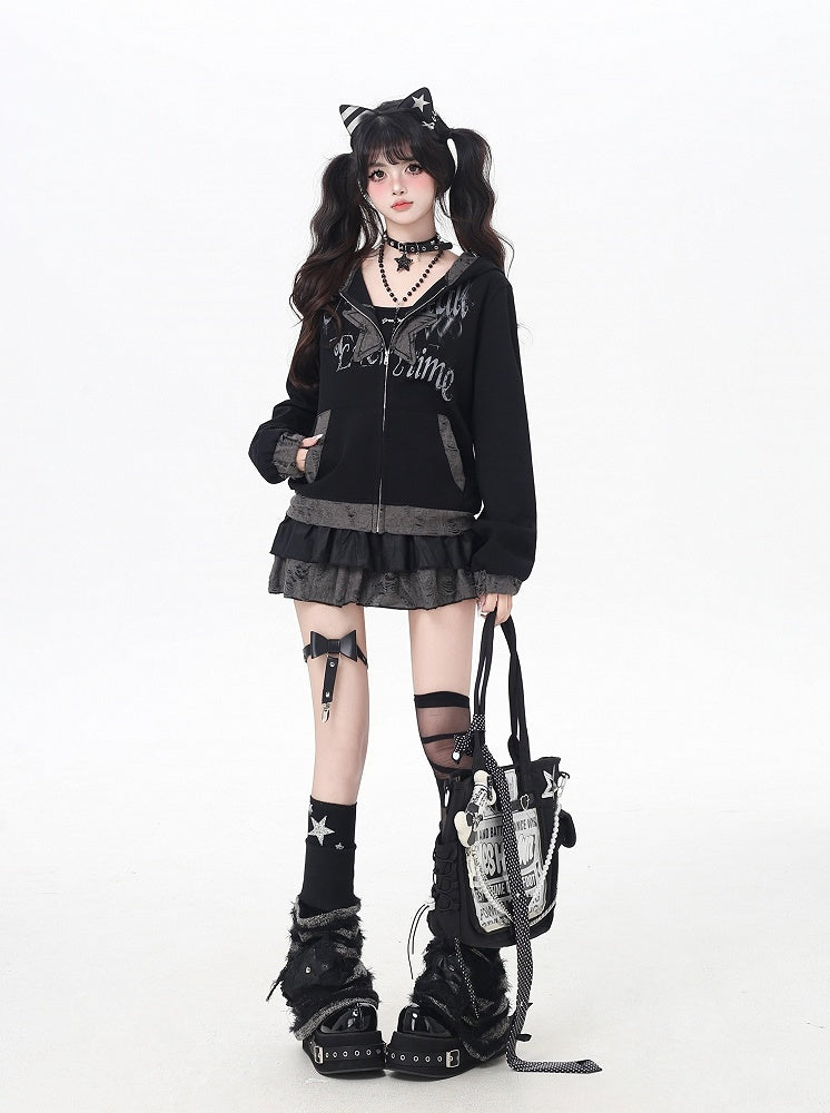 Y2K Schwarze Distressed Holes Kapuzenjacke mit Reißverschluss