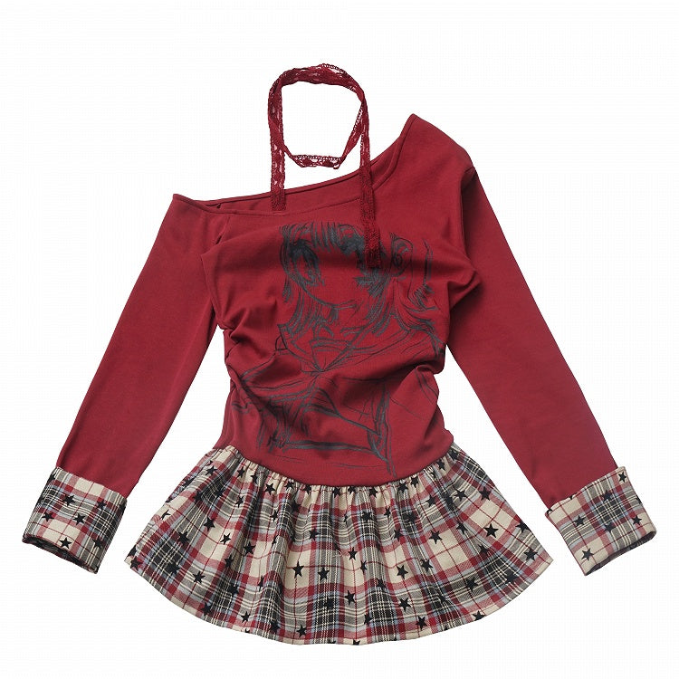 Asymmetrical Neckline Anime Girl Print Plaid Patchwork White/Red Design Top