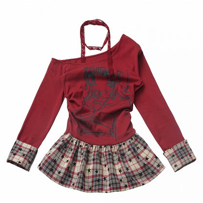 Asymmetrical Neckline Anime Girl Print Plaid Patchwork White/Red Design Top