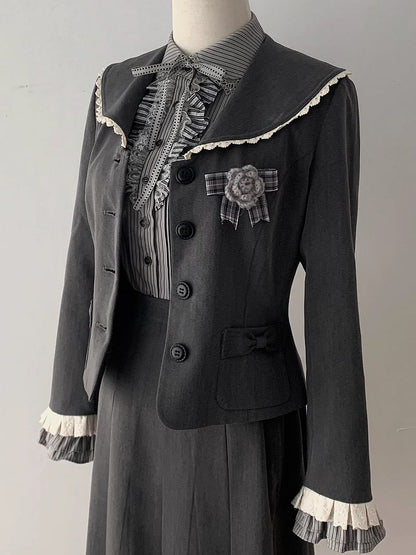 Jirai Flat Kei Collar Dark Gray Ruffled Blazer