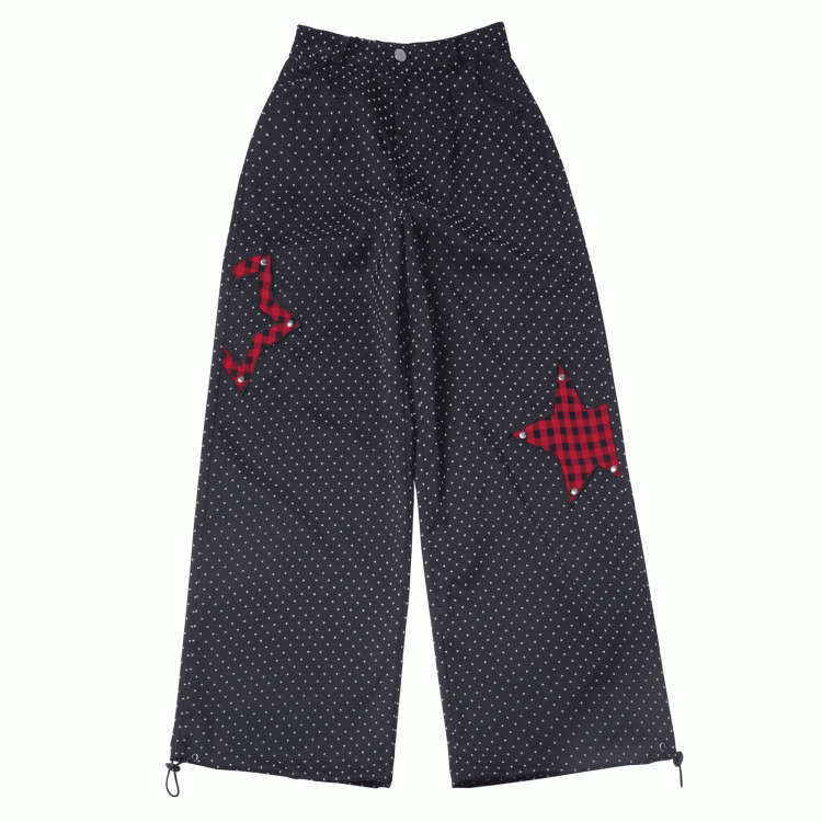 Cuffs Dot Casual Pants Red Plaid Star Applique Drawstring Black Polka