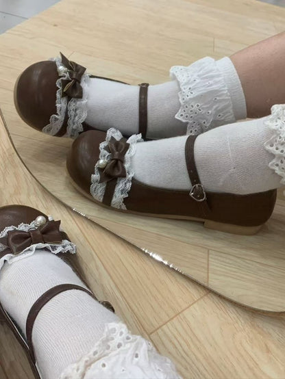 Mary with Round Buckle Heel Bow - Sweet Lace Lolita Toe Charm 1cm/3.5cm Brown Trim Bead Heart Janes PU