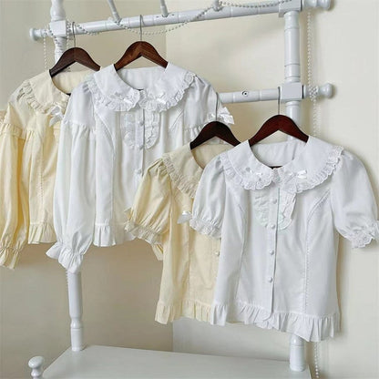 Ruffled White with Long-Sleeve Bow Decorations Blouse