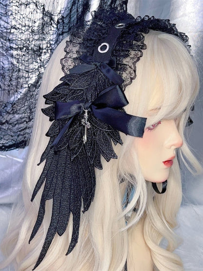 ブラック/ホワイトクロスウィングレーストリムゴシックロリータヘアバンド