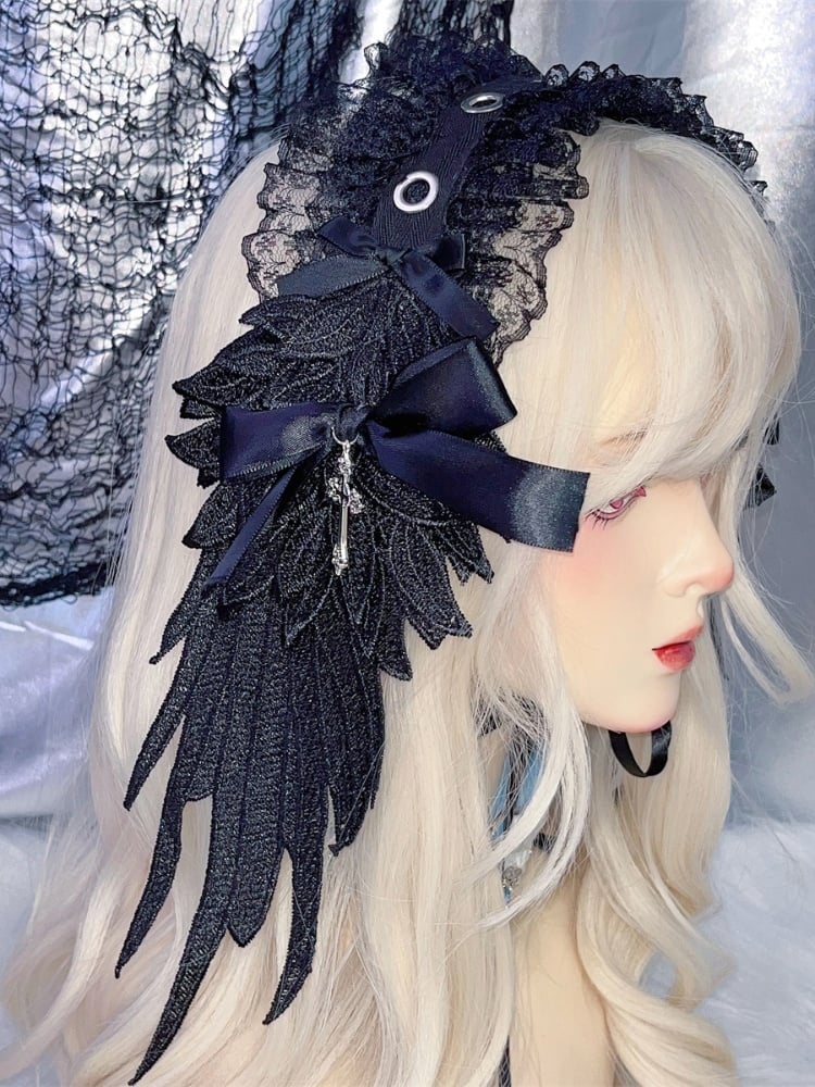 Black and White Cross Wing Lace Trim Gothic Lolita Hairband
