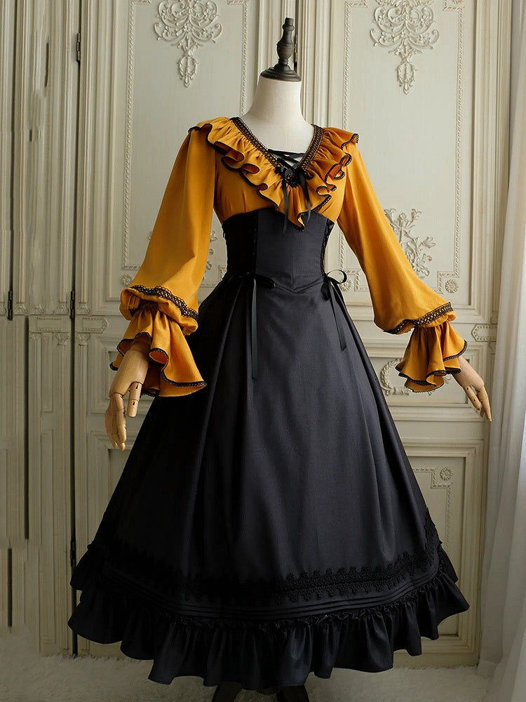 Pumpkin Orange Lace-up Structured Ruffles V-neck Long-Sleeve Blouse