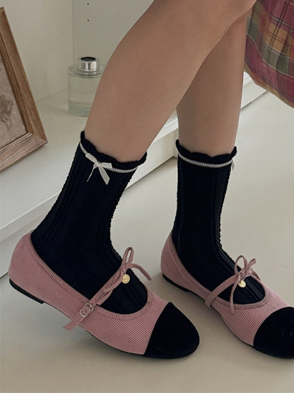 White/Beige/Light Grey/Dark Grey/Black Sweet Bowknot Ruffled Cuff Calf Socks