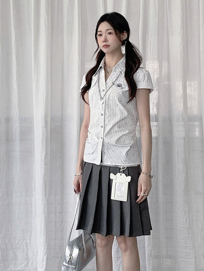 White Short Sleeve Top with Polka Dot and Stripe Pattern - Solkatt