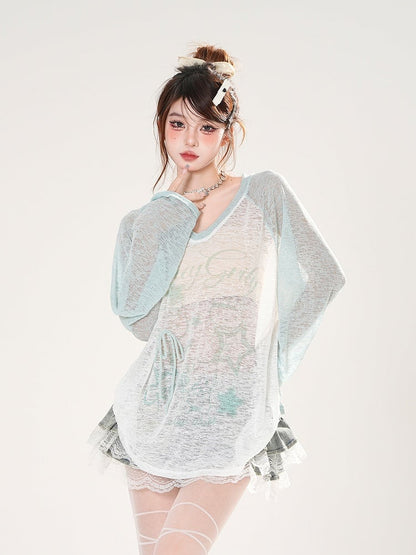 ブルー/ピンクプリントのセミシースルーカバーアップVネックスター