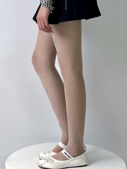 White Y2K Rhinestone Star Decorated Tights